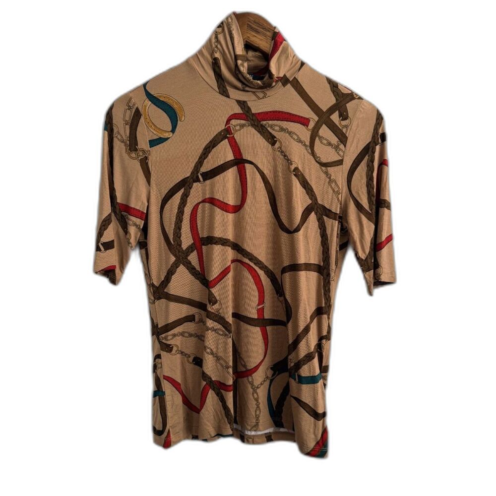 Lauren Ralph Lauren Equestrian Belting Print Mock Neck Top M Stretch Jersey